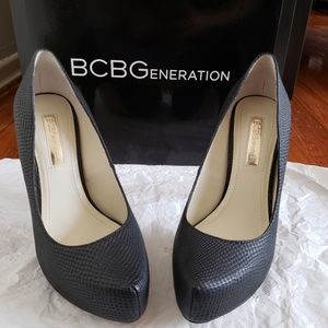 BCBG Black Rumba Snake Print Platform Pumps